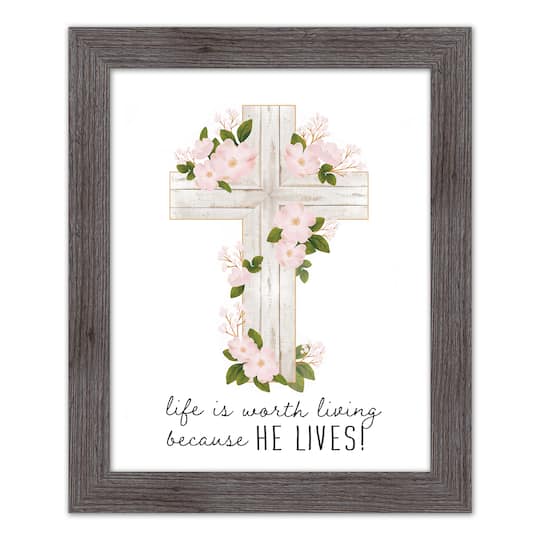 He Lives Floral Cross 16" x 20" Western Gray Framed Print